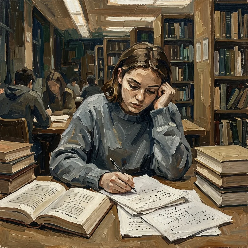 Almanya'da psikoloji eğitimi kapsamında üniversite kütüphanesinde ders çalışan ve akademik yayınları inceleyen bir öğrenci tablosu