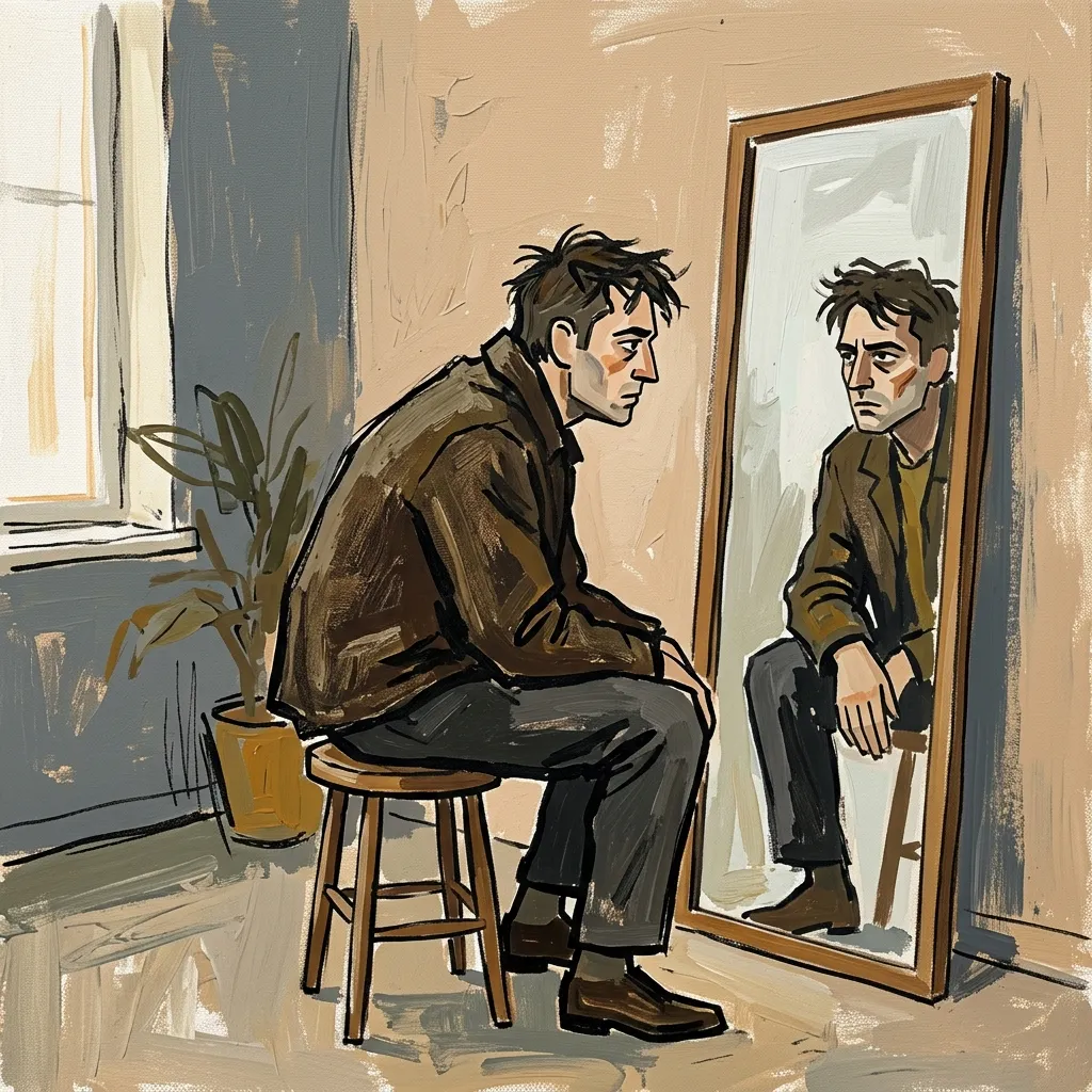 Modernist flat figurative painting representing a narcissistic personality structure, School of Life style